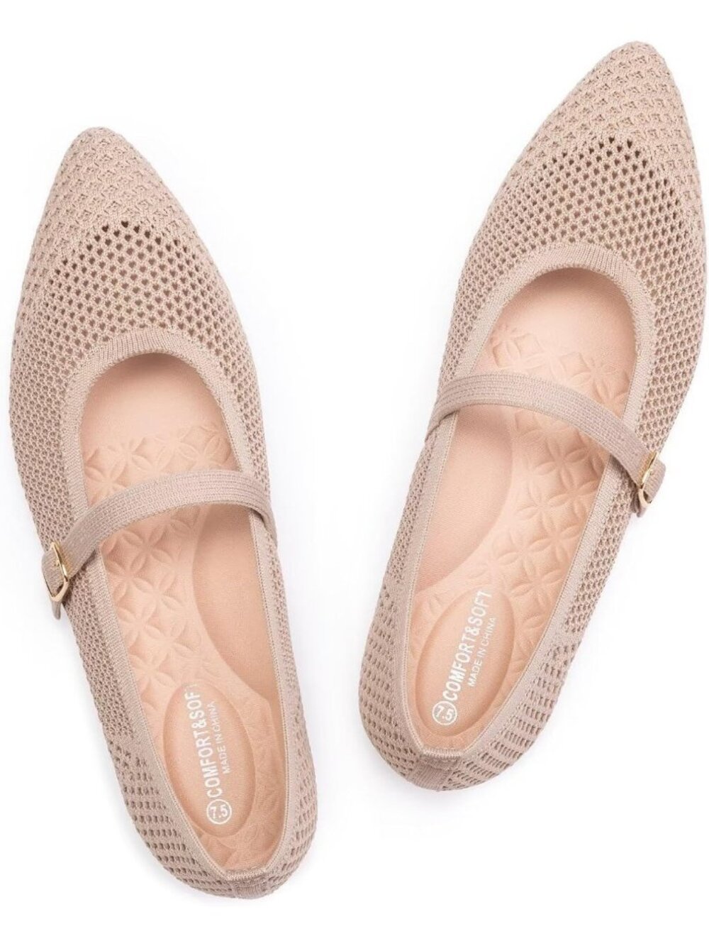 Women's Ecru Mesh Mary Jane Pointed Toe Lightweight Knit Washable Flat Shoes